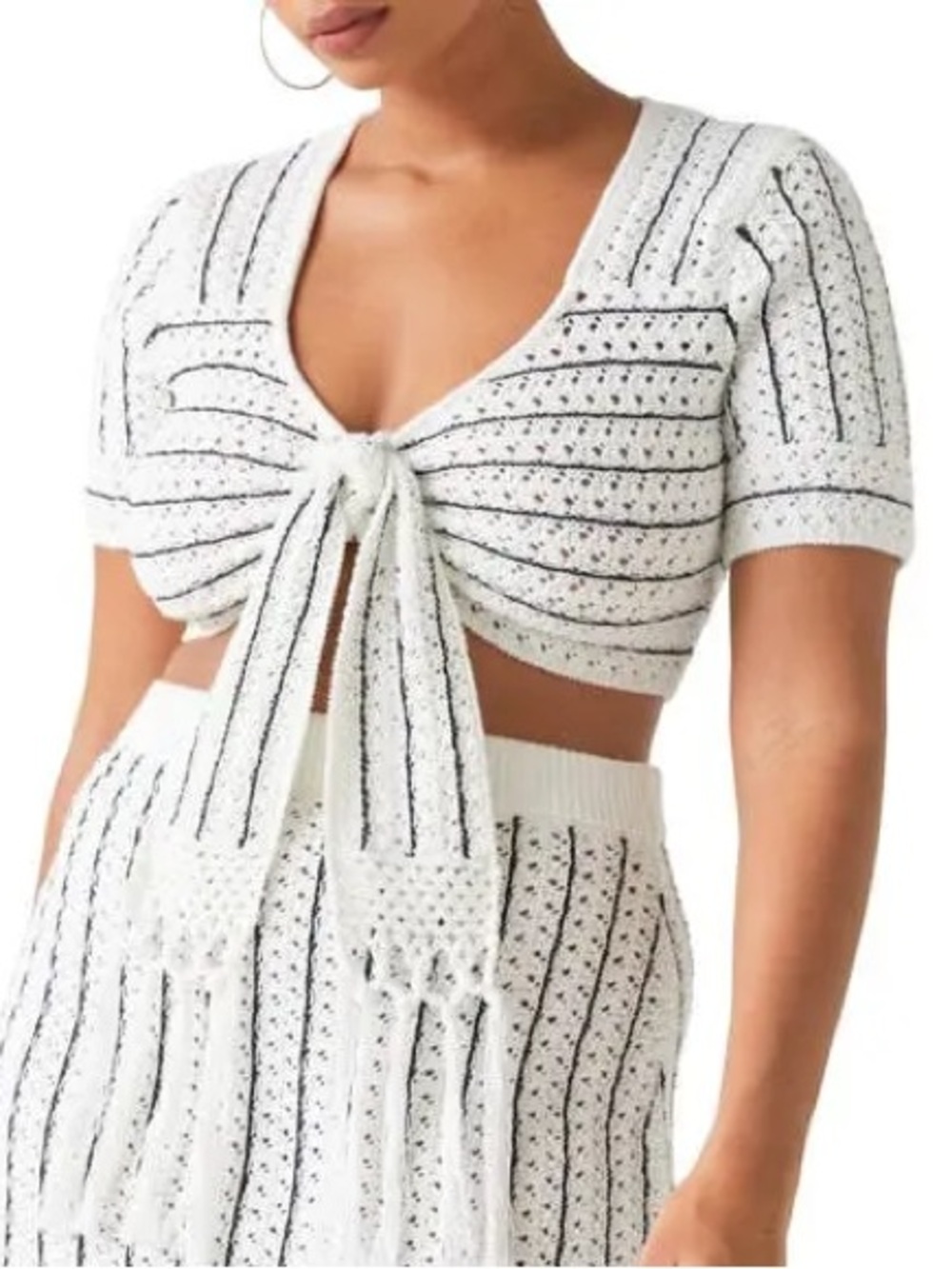 & Other Stories White Crochet Top with Black Stripe Detail Womens Size Medium